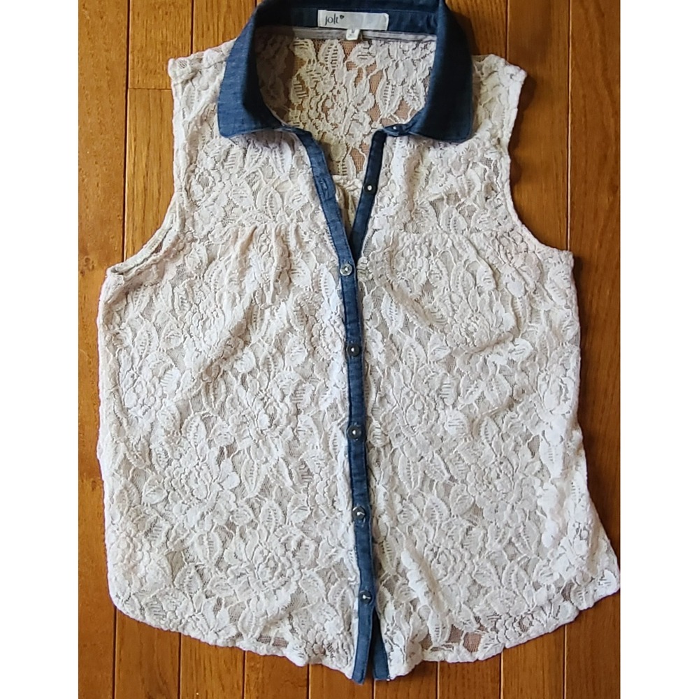 Y2K Jolt Sleeveless top lace and denim button up Coquettish CowGirl Prairie Med